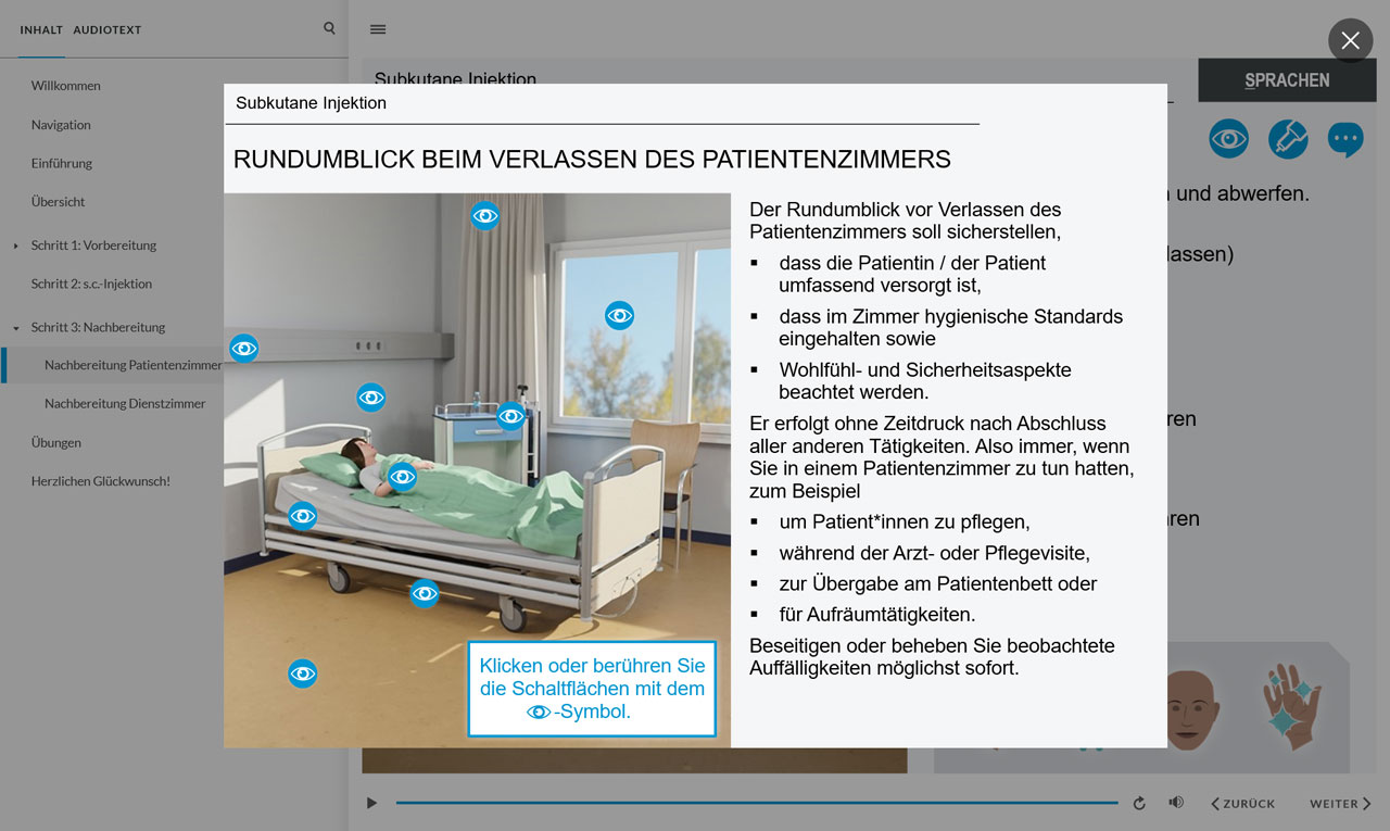 Screenshot eines Info-Popups zum Rundumblick beim Verlassen des Patientenzimmers. Zu sehen ist eine Patientin im Krankenbett. Über den Raum verteilt sind interaktive Icon in Augenform. Klicken auf dieses Icon öffnet Informationen zu den einzelnen Bereichen im Zimmer, die bei einem Rundumblick geprüft werden müssen.