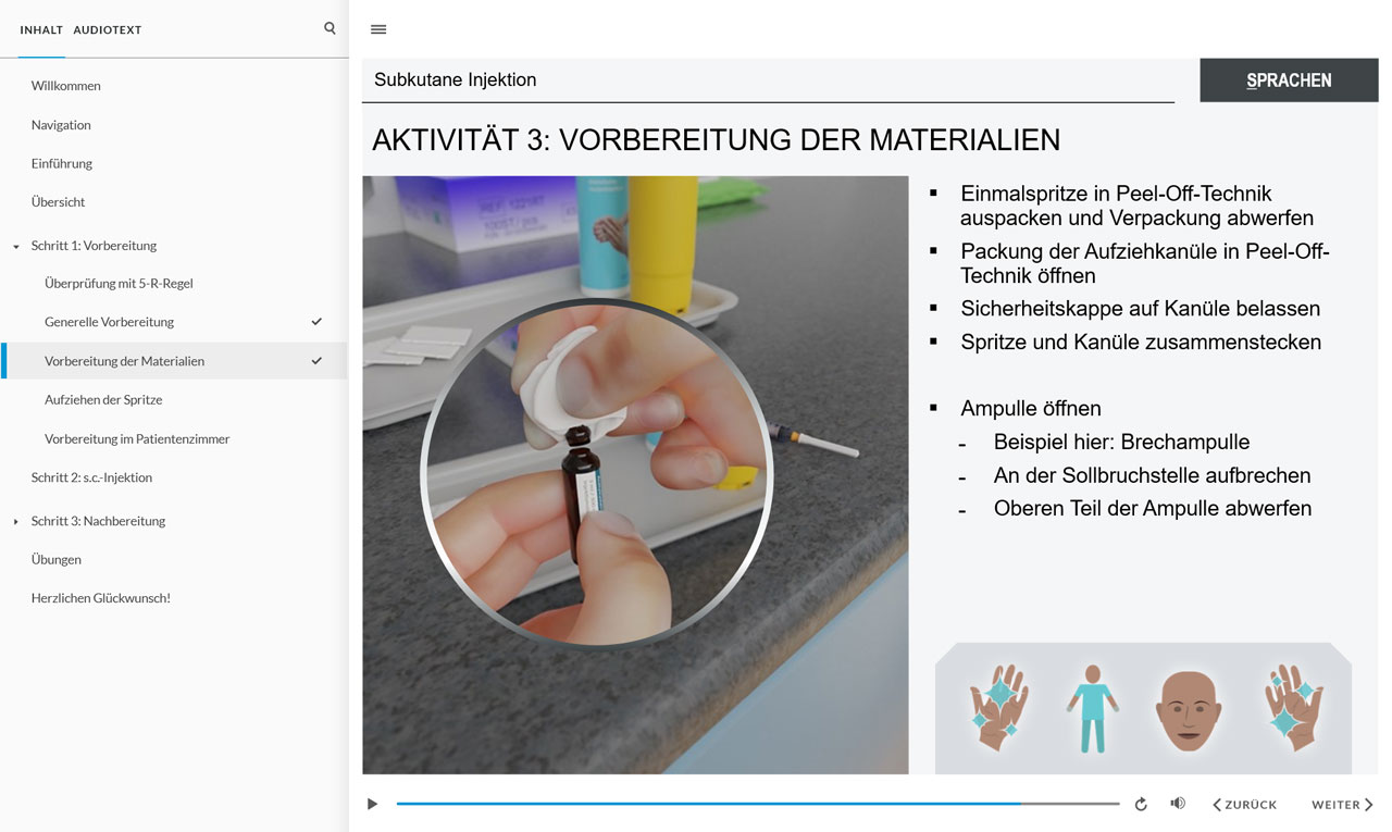 Screenshot einer Inhaltsseite zur Vorbereitung der Materialien für eine subkutane Injektion. Im Mittelpunkt steht eine Nahaufnahme der sicheren Öffnung einer Brechampulle.
