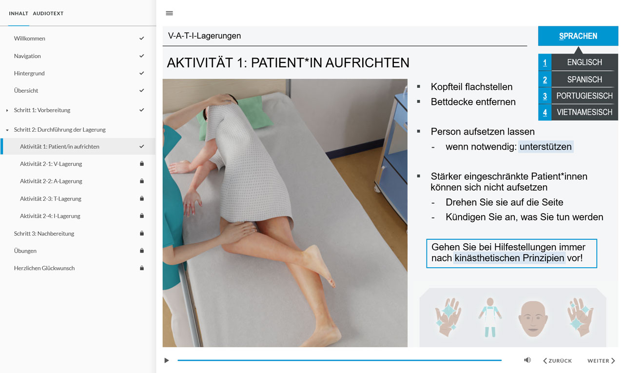 Screenshot of a content page on how to help a patient sit up. The image shows the arms and hands of a caregiver who has turned the patient sideways. The dropdown menu for language selection has been expanded in the top right corner of the screen. Users can select English, Spanish, Portuguese or Vietnamese.