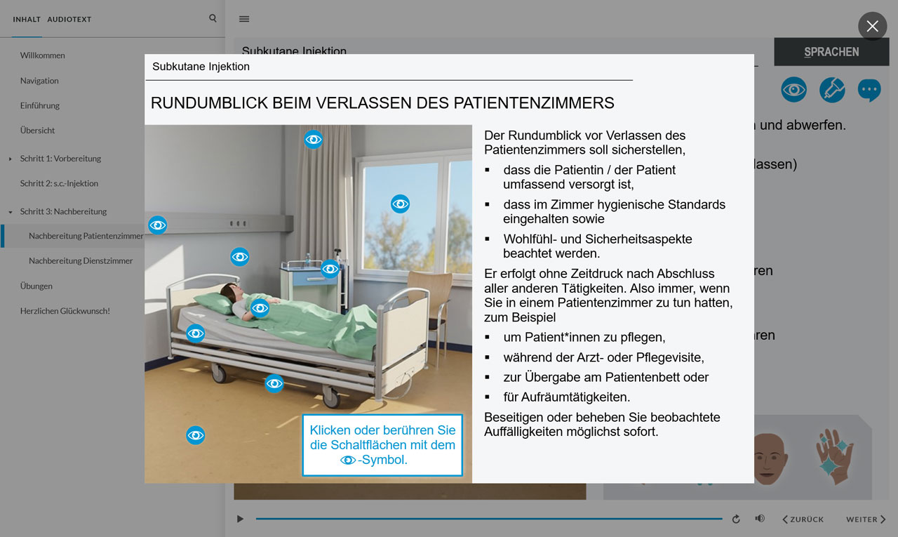 Screenshot of an information pop-up on scanning the patient’s room before leaving. The image shows a patient in her bed. Interactive icons in the shape of an eye are dispersed all over the room. A click on these icons displays information on the aspects of the room that need to be scanned before the caregiver leaves the room.