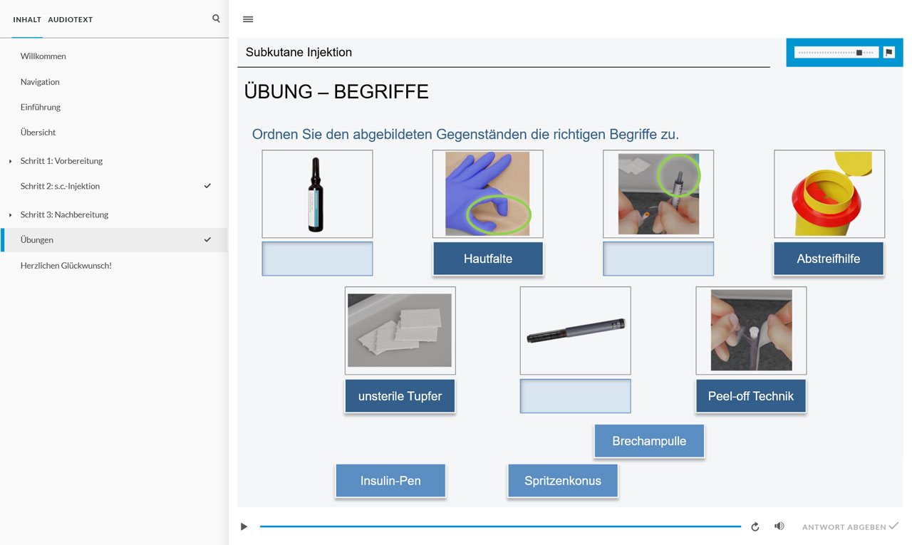 Screenshot of an interactive exercise to practise the correct assignment of medical terms. The screen shows a range of items and situations; users must allocate the correct German term to each of these.